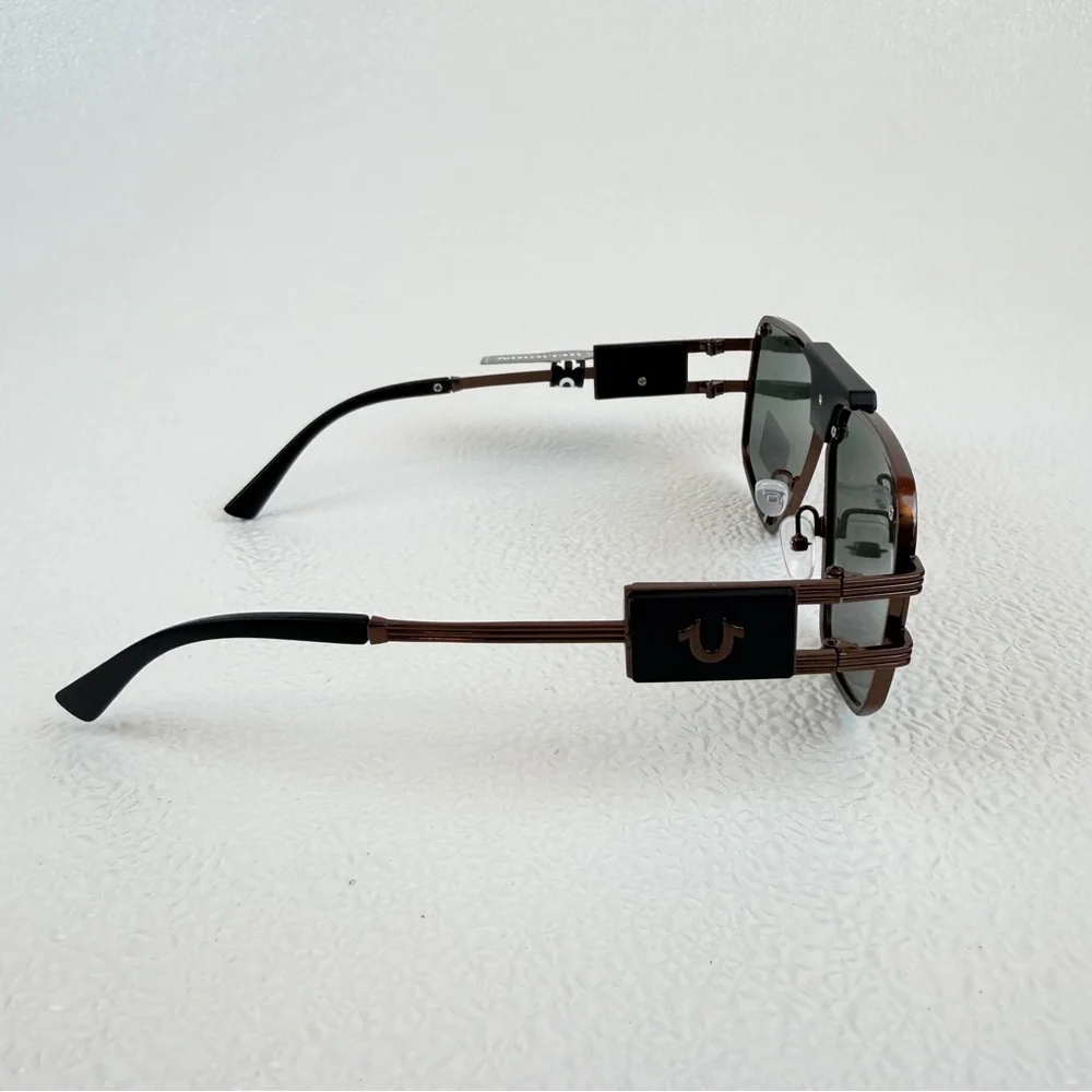NWT True Religion Aviator Sunglasses Solid Lens Brown Frame Bold Hardware Unisex